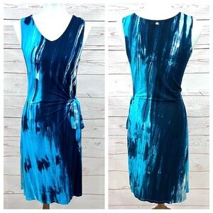 Zen Knits Turquoise Tie Dye V-neck Boho Stretch Jersey Faux Sarong Dress